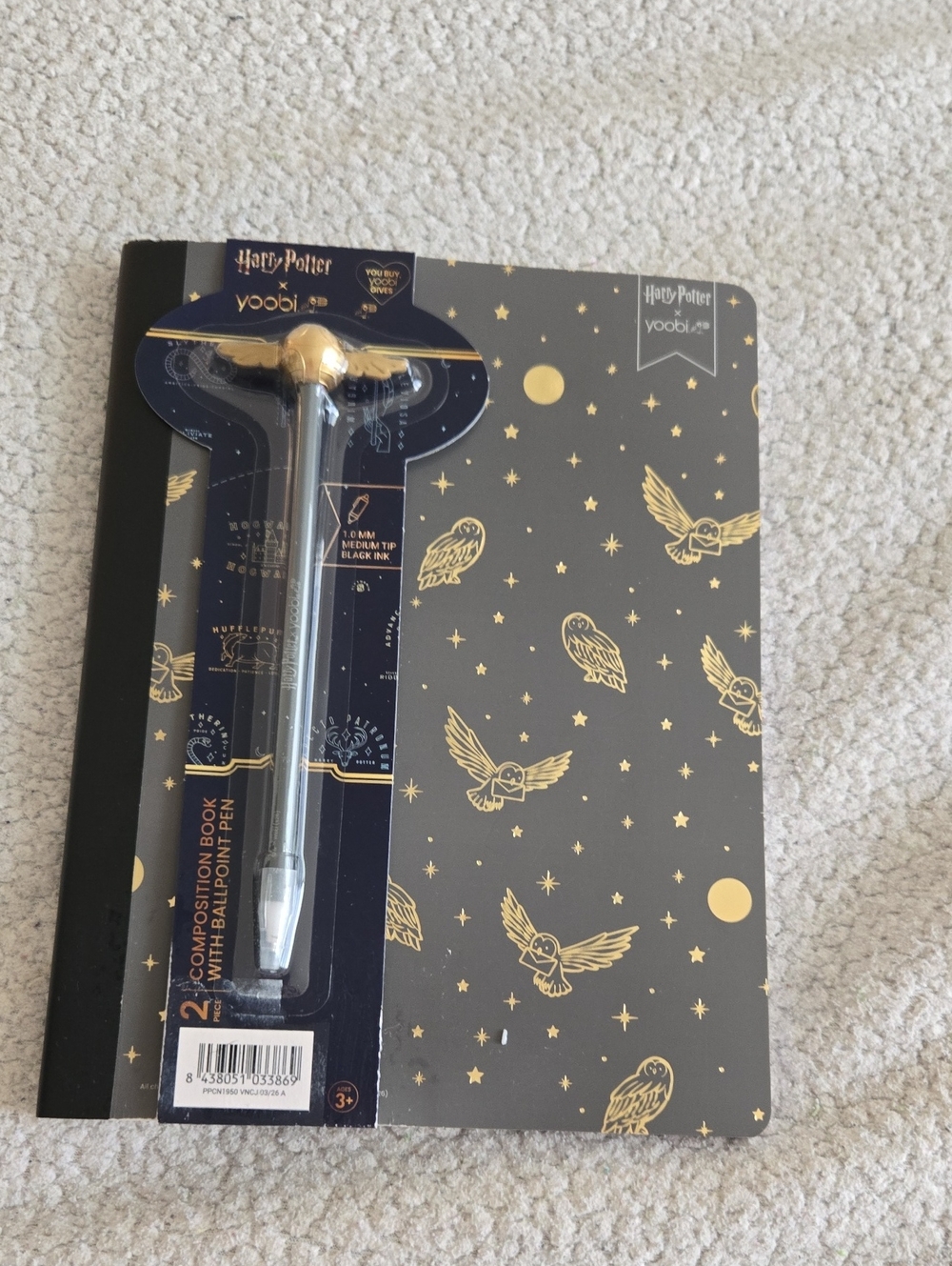 Black Ballpoint Pen with Gold Golden Snitch Topper and Black Notebook New